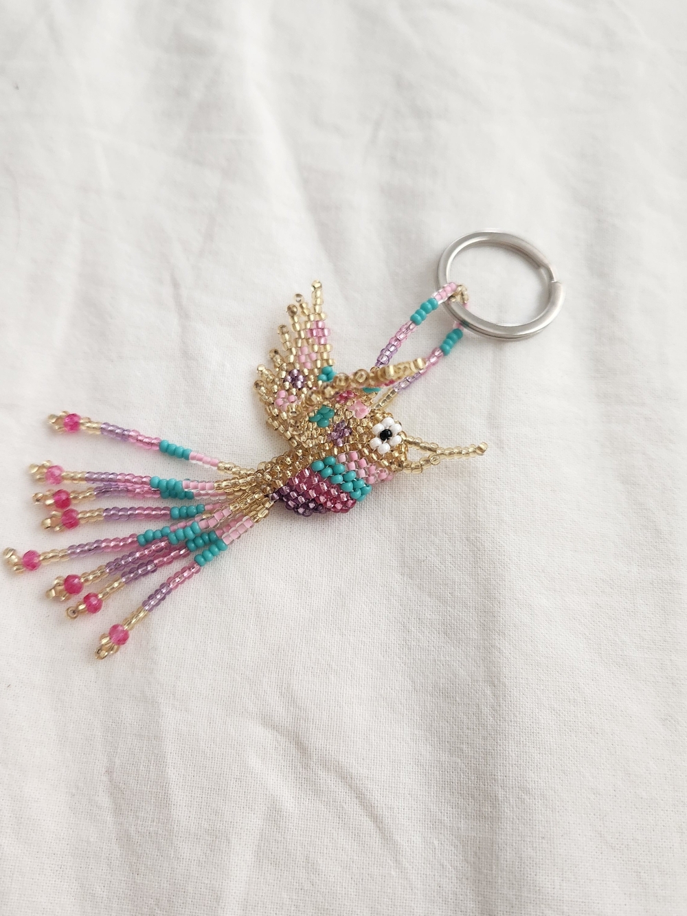 Beaded Hummingbird Keychain Charm in Pink, Turquoise & Gold